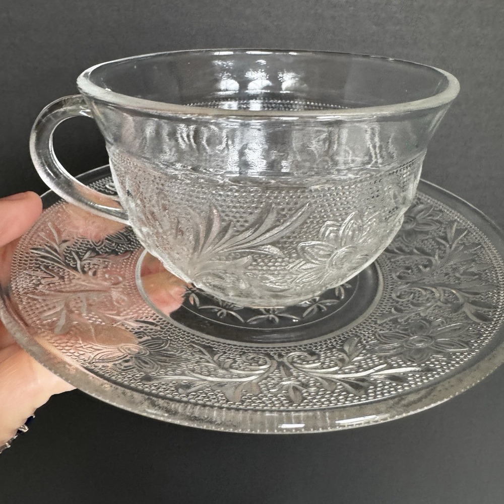 Indiana Glass Tiara Glass Sandwich 2 5/8" Cup & Saucer - 4 Sets Depression Glass